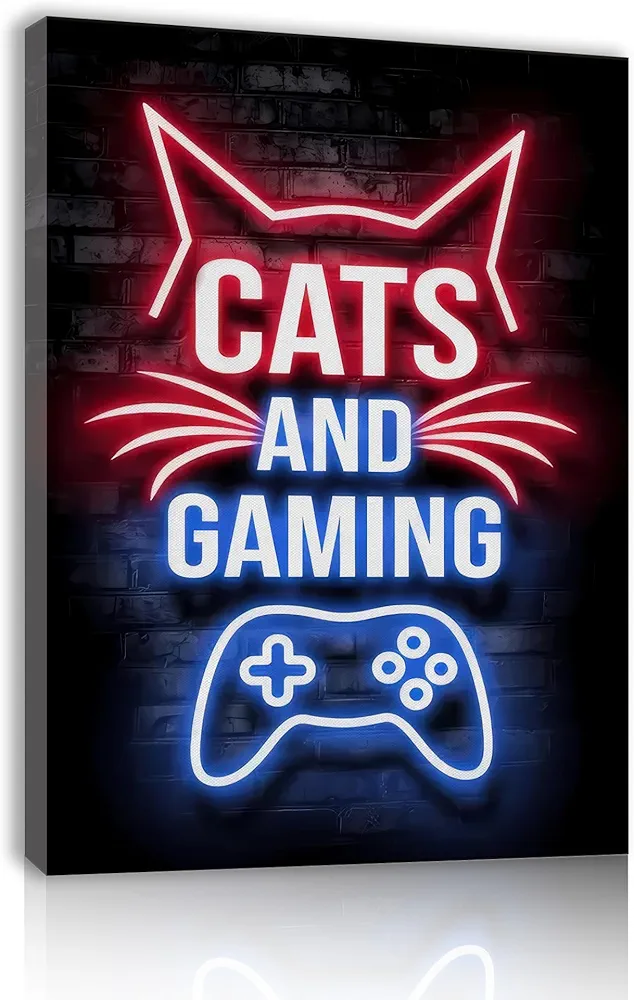 Cat and Gaming Neon Game Room Decor Framed Canvas Wall Art Video Game Accessories Theme Console Painting Poster Gift for Kid Children Youth Game Boys Living Room Bedroom Home Decor 11.5x15 Inches