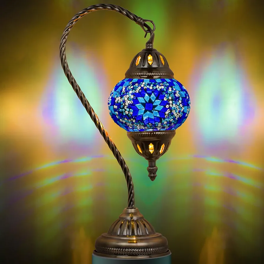 Marrakech Turkish 15" Table Lamp with Bronze Base，Handmade Blue Moroccan Swan Neck Tiffany Style Mosaic Glass Night Stand Light Fixture Including LED Bulb for Living Room Bedroom Decor