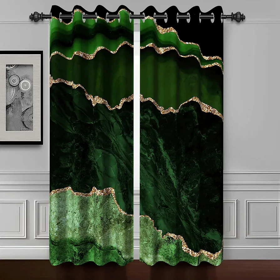 Baocicco Green Gold Marble Window Curtains for Bedroom Art Fluid Golden Texture Marble Window Drapes for Living Room Luxury Gold Modern Design Grommets Marble Blackout Curtain 2 Panels W42xL96 Inch