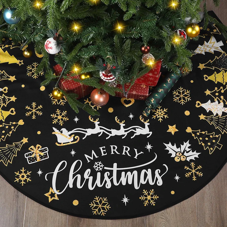 Capoda Black and Gold Christmas Tree Skirt 48 Inch Short Plush Xmas Tree Mat Merry Christmas Tree Collar for Winter Holiday Room Christmas Tree Decorations Home Supplies