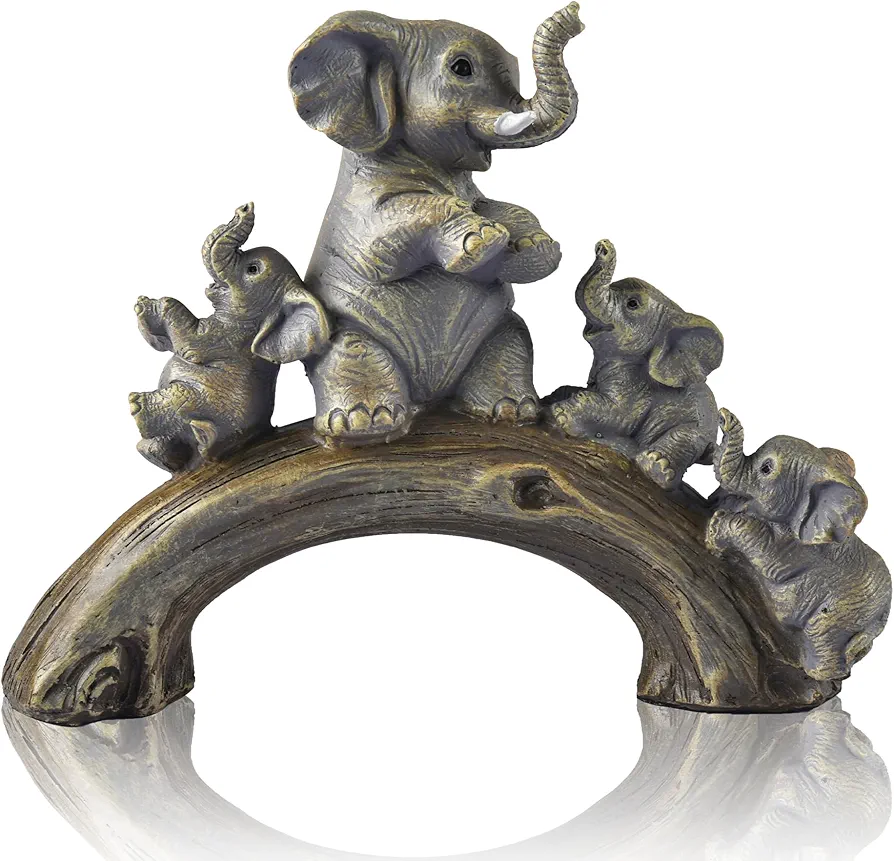 Cute Yellow Elephant Statues Home Décor The Good Luck Elephant and Her Three Children are Playing on a Log Bridge Good Gifts for Elephant Lovers Decoration for Living Room, Bedroom, Office