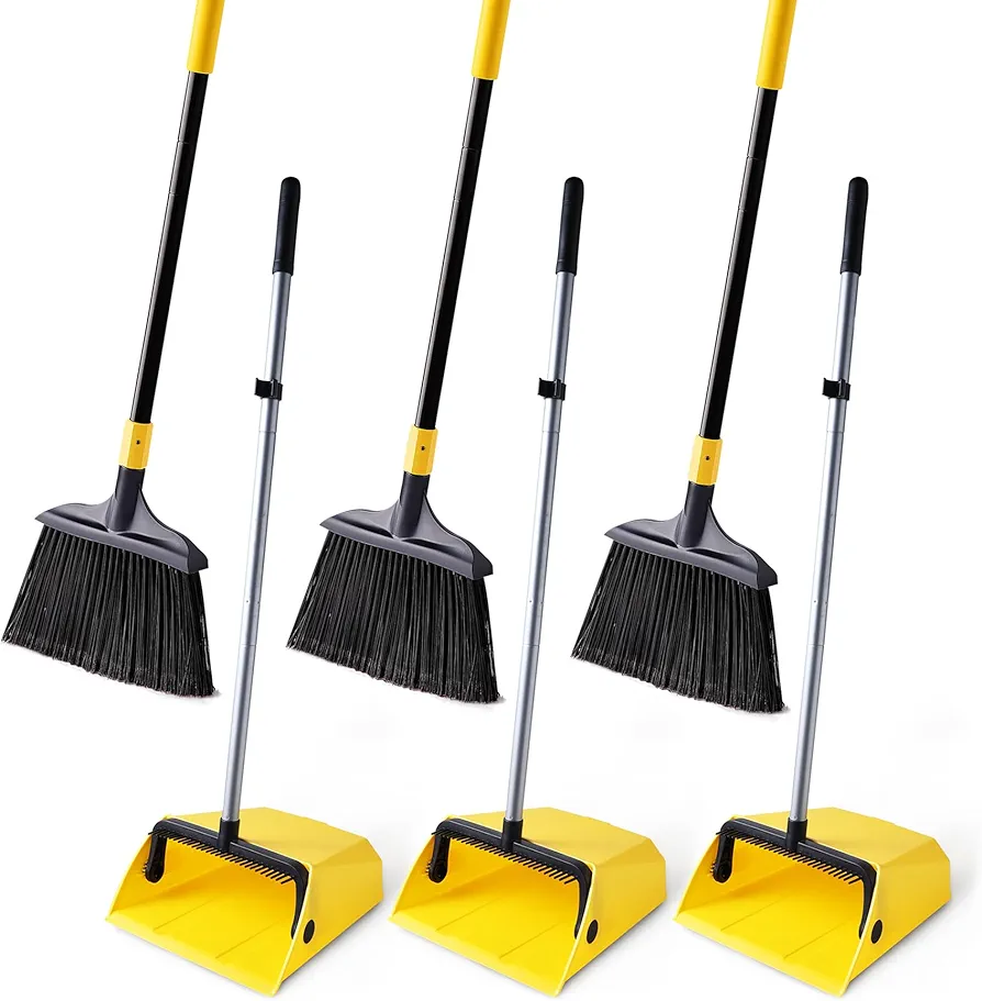 Yocada Heavy Duty Broom and Dustpan Set 3+3 with Comb Commercial Outdoor Indoor Perfect for Courtyard Garage Lobby Mall Market Floor Home Kitchen Room Office Pet Hair Rubbish