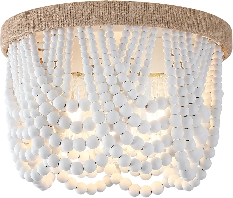 AMZASA White Boho Wood Beaded with Hemp Rope Flush Mount Ceiling Light Farmhouse Small Chandelier Light Fixture for Bedroom Hallway Entryway Closet Kitchen Dining Room Living Room Nursery