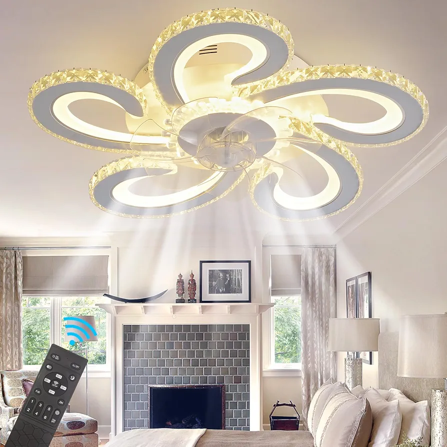 Panghuhu88 Ceiling Fan with Lights,Crystal ceiling Fans with lights and Remote,3 Colors 6 Speed,for Outdoor Bedroom Living Room Dining Room