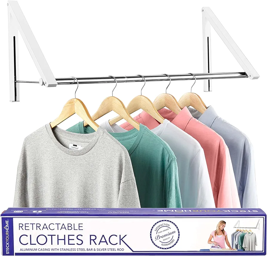 Double Foldable Clothing Rack w/ Extension Rod, Wall-Mounted Retractable Clothes Hanger for Laundry Dryer Room, Hanging Drying Rod, Small Collapsible Folding Garment Racks, Dorm Accessories (White)