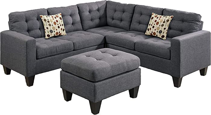 Poundex Bobkona Norton Linen-Like 4 Piece Sectional with Ottoman Set (F6935), Blue Grey