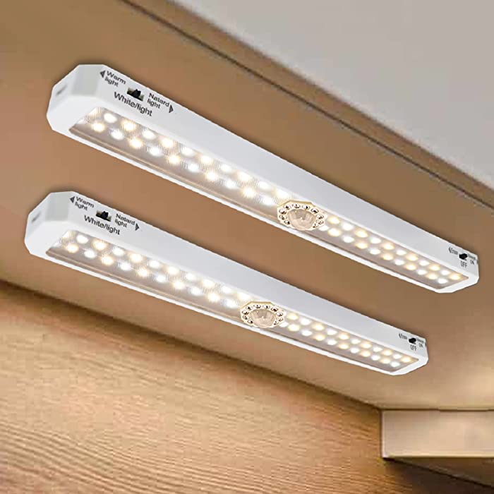 EVERDOSS Under Cabinet Lights, 44 LEDs 3600K and 6600K Battery/USB Motion Sensor Lights, White Light and Warm Light Optional, Stick-on Magnetic Strips Closet Lights, 2 Packs Rechargeable for Cupboard