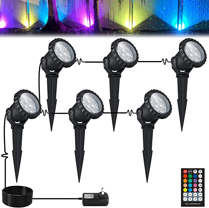 Color Changing LED Landscape Lights 18W Landscape Lighting IP66 Waterproof LED Garden Pathway Lights Walls Trees Outdoor Spotlights with Spike Stand, Outdoor Landscaping Lights, 6 Pack