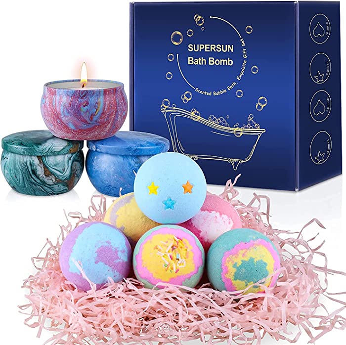 SUPERSUN Bath Bombs Gift Set: 6 Handmade Organic Bubble Baths Bomb with 3 Scented Candles, Mothers Day Gifts for Women Her Mom Kids, Birthday Anniversary