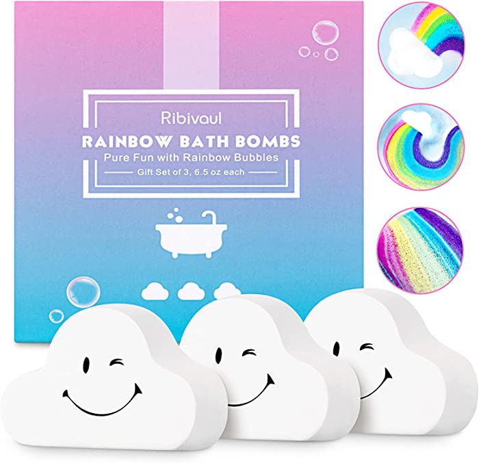 Bath Bombs for Women and Kids, Ribivaul Rainbow Bath Bombs Gift set with Organic and Natural Ingredients, Cloud Bath Bombs with Rainbow Color and Rich Bubble, Great Gift Option for Birthday