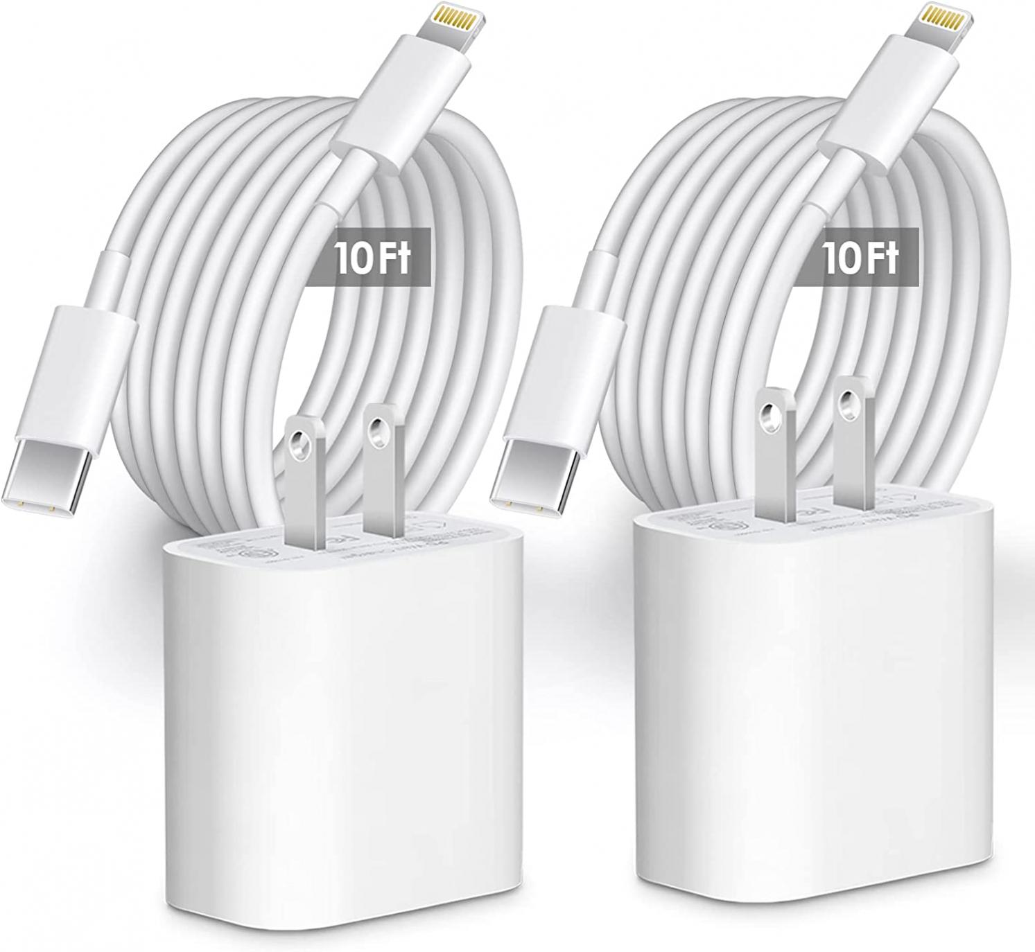 20W USB C Charger for iPhone Fast Charger with 10ft Fast Charging Cable [MFi Certified] Compatible with iPhone 14/14 pro/14 plus/14 pro max/13/12/11/11Pro/XS/X/XR, iPad [2 Pack]