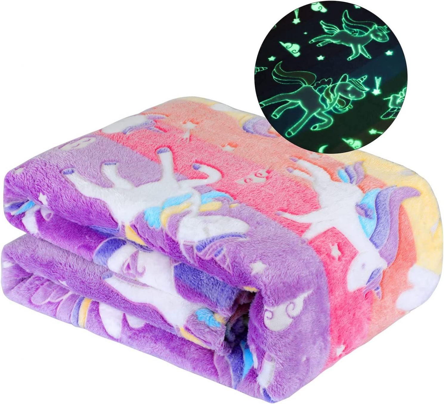 Glow in The Dark Blanket Unicorns Gifts for Girls Birthday Gift Super Cute Soft Cozy Rainbow Unicorn Star Flannel Luminous Magic Throw 50"x60"