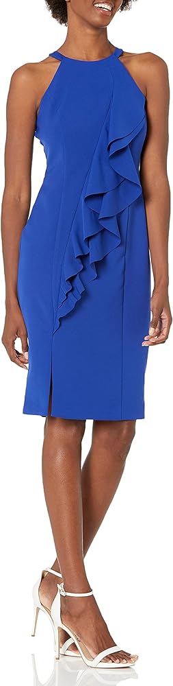 Vince Camuto Women's Crepe Halter Neck Bodycon Dress with Front Rufflfe