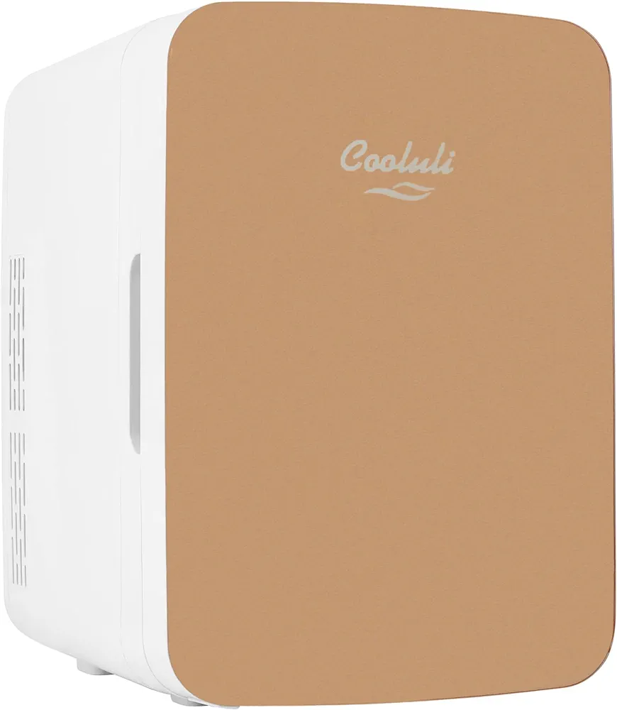 Cooluli 10L Mini Fridge for Bedroom - Car, Office Desk & College Dorm Room - 12v Portable Cooler & Warmer for Food, Drinks, Skincare, Beauty & Makeup - AC/DC Small Refrigerator with Glass Front, Gold