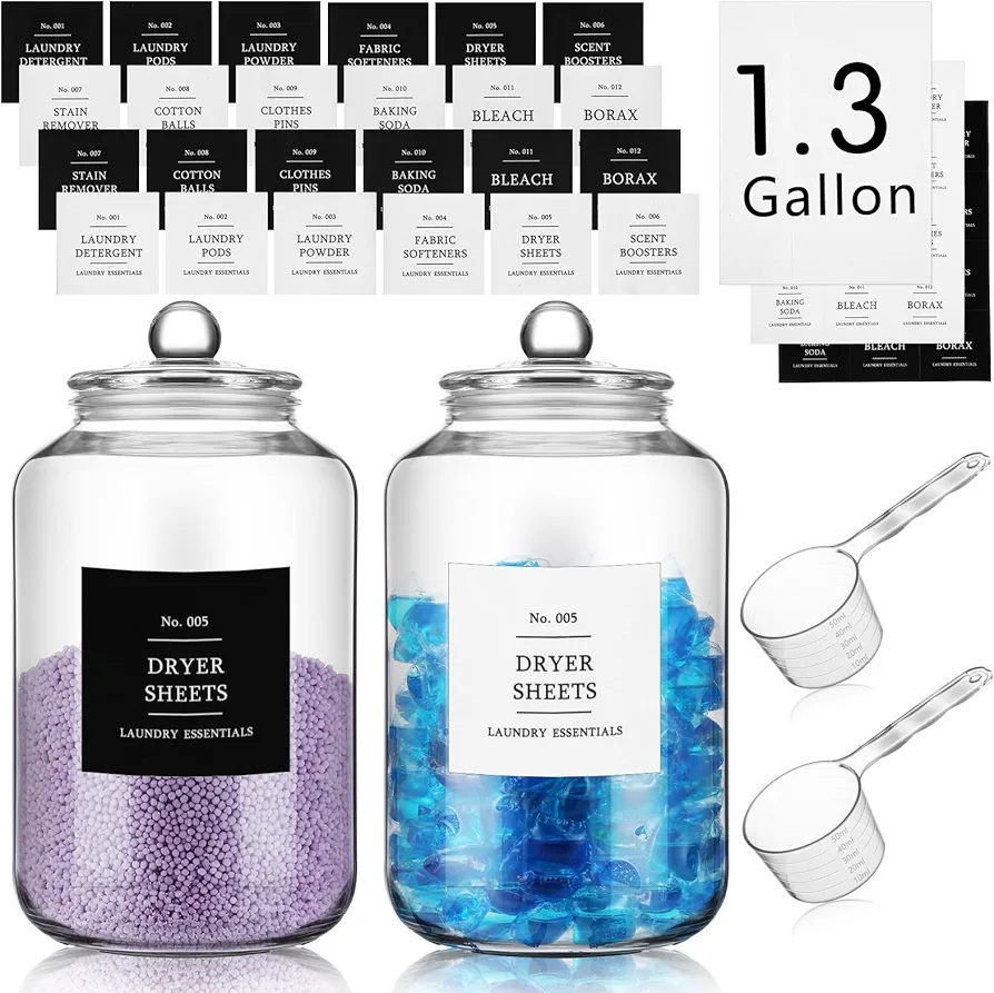 2 Set 1.3 Gallon Glass Jars for Laundry Room Organization with 2 Scoops 2 Labels, Clear Laundry Detergent Dispenser Laundry Pods Container for Organizing Laundry Accessories