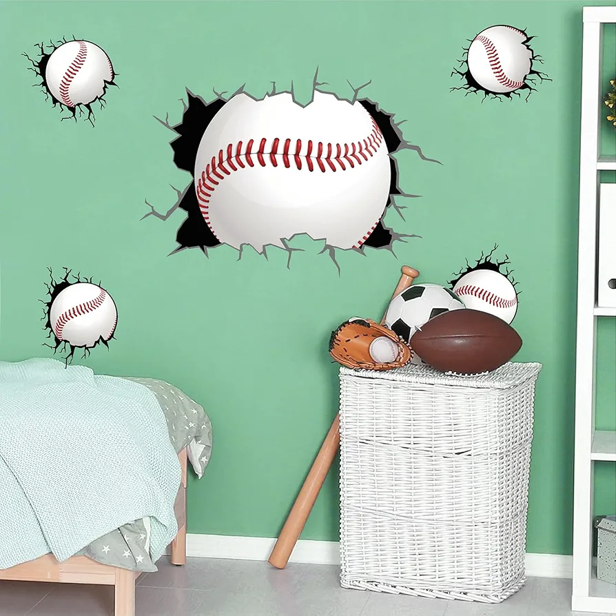 Large Baseball Wall Stickers 3D Sport Balls Wall Decals Peel and Stick Big Baseball Theme Wall Decals Vinyl Wall Murals Decor Sport Wall Stickers for Boys Bedroom Kids Room Playroom Decor