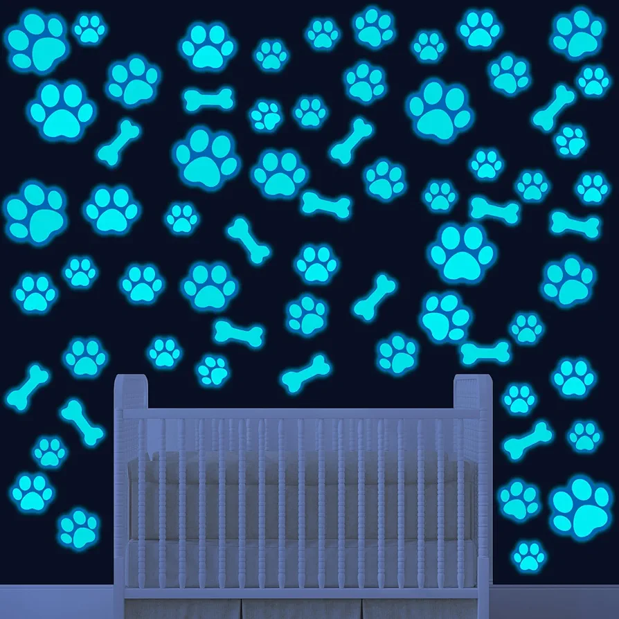 127 Pcs Dog Paw Print Stickers Glow in The Dark Wall Decals Dog Paw Print Wall Decor Dog Wall Stickers Decals Luminous Removable Vinyl Dog Paw Bone Wall Decals for Kids Nursery Bedroom (Blue Light)