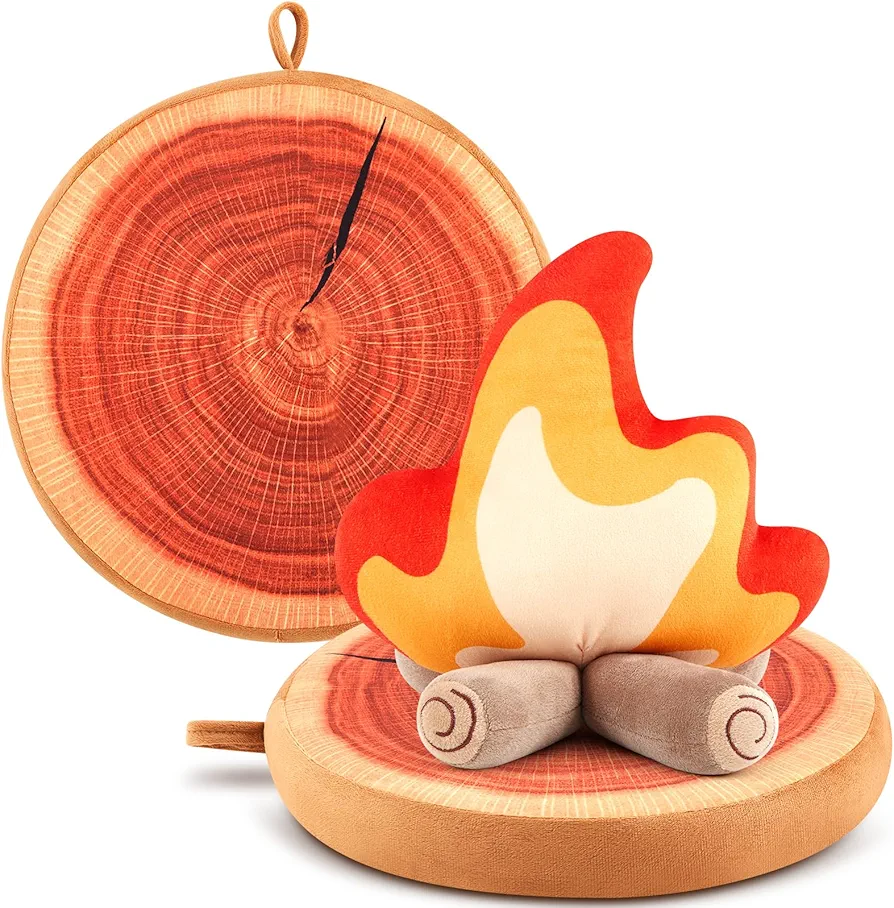 3 Pcs Pretend Campfire Set includes 1 fake Campfire Plush Toys and 2 Wood Pillow Pretend Camping Set for Kids Home, Couch, Sofa, Bedroom, Living Room Decor, Camping Themed Decor Toys