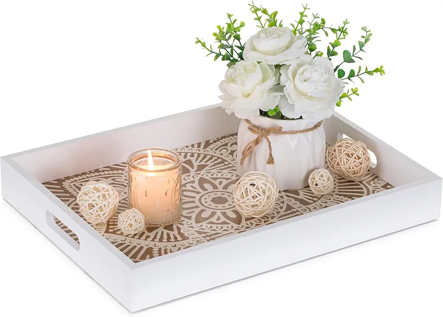 Decorative Serving Tray with Handles - Hanobe White Floral Wooden Coffee Table Trays for Ottoman Centerpiece Decor Rectangular Rustic Boho Wood for Living Room Counter