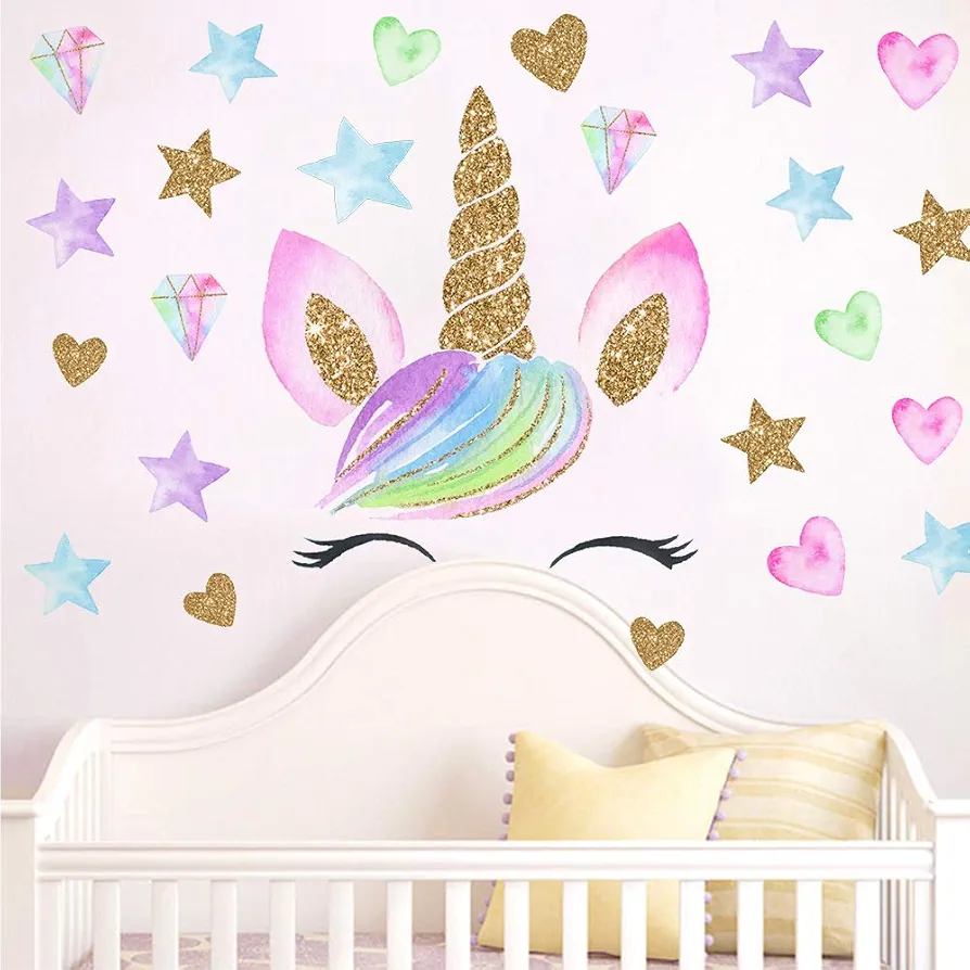 Unicorn Horn Gold Star Wall Stickers Decals for Nursery, Pink Unicorn Face Star Heart Decor for Bedroom Baby Girl's Room Unicorn Decoration for Girl’s Birthday Party