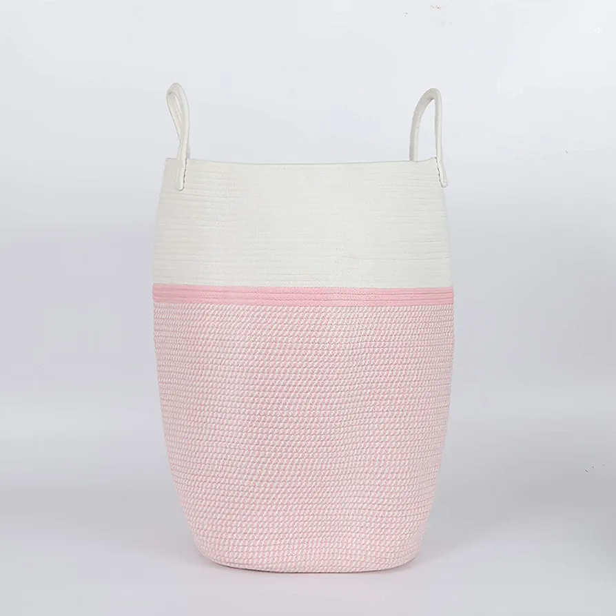 laundry basket woven baskets for organizing tall nursery hamper baby with handle big storage basket round decorative kids dirty clothes blanket basket living room towel fabric for cotton Pink-White