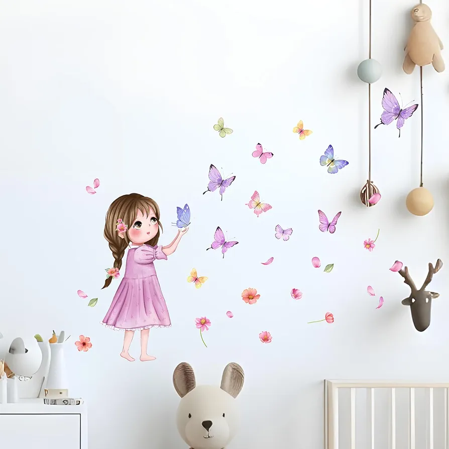 Butterflies Wall Decals, Purple, Girl Nursery Decor, Sticker Decoration for Kids Room, Waterproof PVC, Easy Application