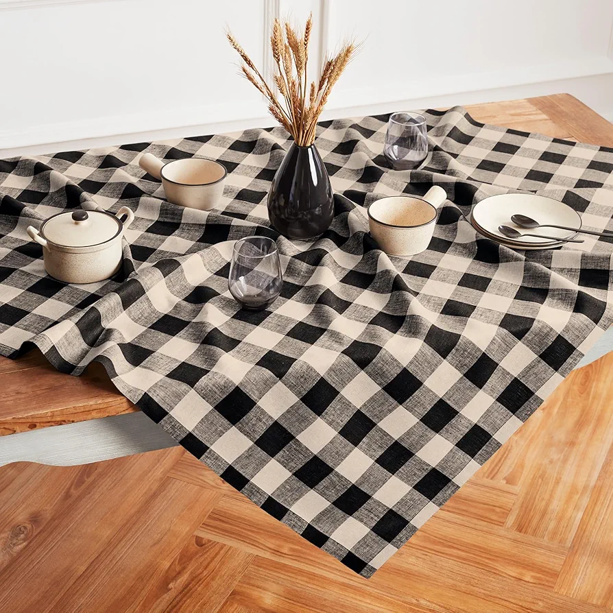 Solino Home Buffalo Check Linen Tablecloth 52 x 52 Inch – 100% Pure Linen Summer Natural and Black Plaid Tablecloth – Machine Washable Farmhouse Square Table Throw