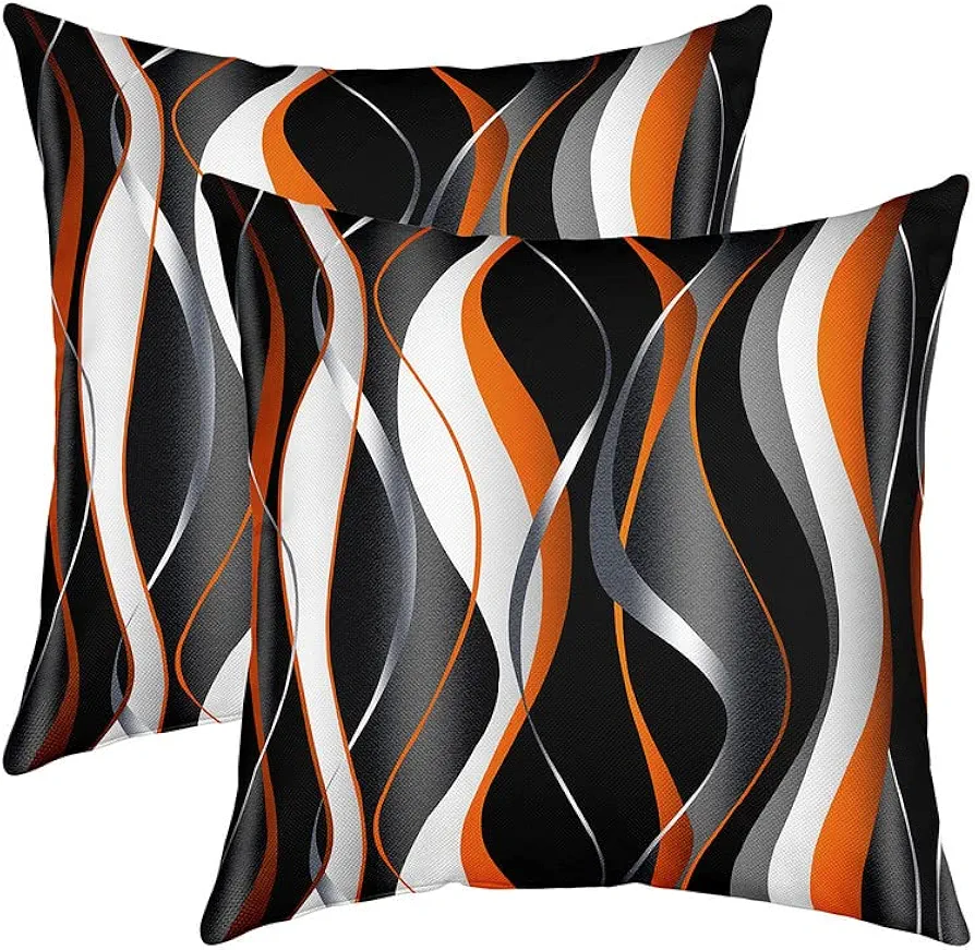 Stripes Orange Black White Throw Pillow Covers 16"x16" Set of 2 Soft Geometric Pillow Cases Cushion Covers For Living Room Bedroom Modern Striped Art Decorative Throw Pillowcases for Sofa Couch Chair