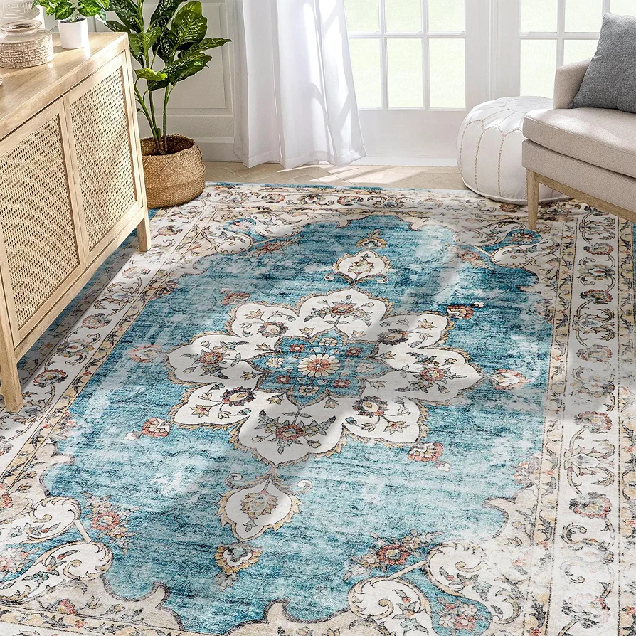 Machine Washable Rug 5x7 Area Rugs for Living Room Boho Vintage Design Rug for Bedroom, Kitchen, Soft Non-Slip Indoor Rug, Denim Blue/Taupe-Print Design