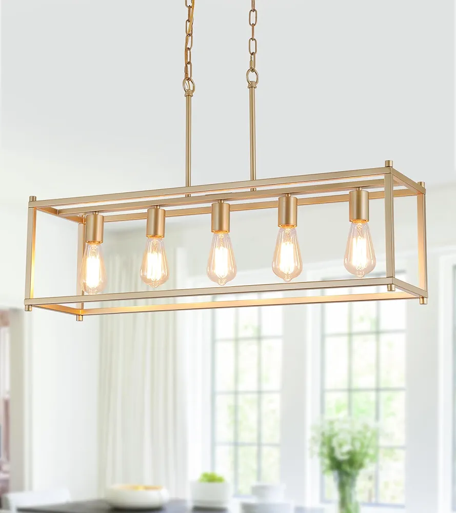 AMZASA Gold Rectangle Kitchen Island Lights Rectangular Modern Industrial Chandelier for Dining Room 5 Lights Linear Vintage Cage Light Fixtures UL Listed