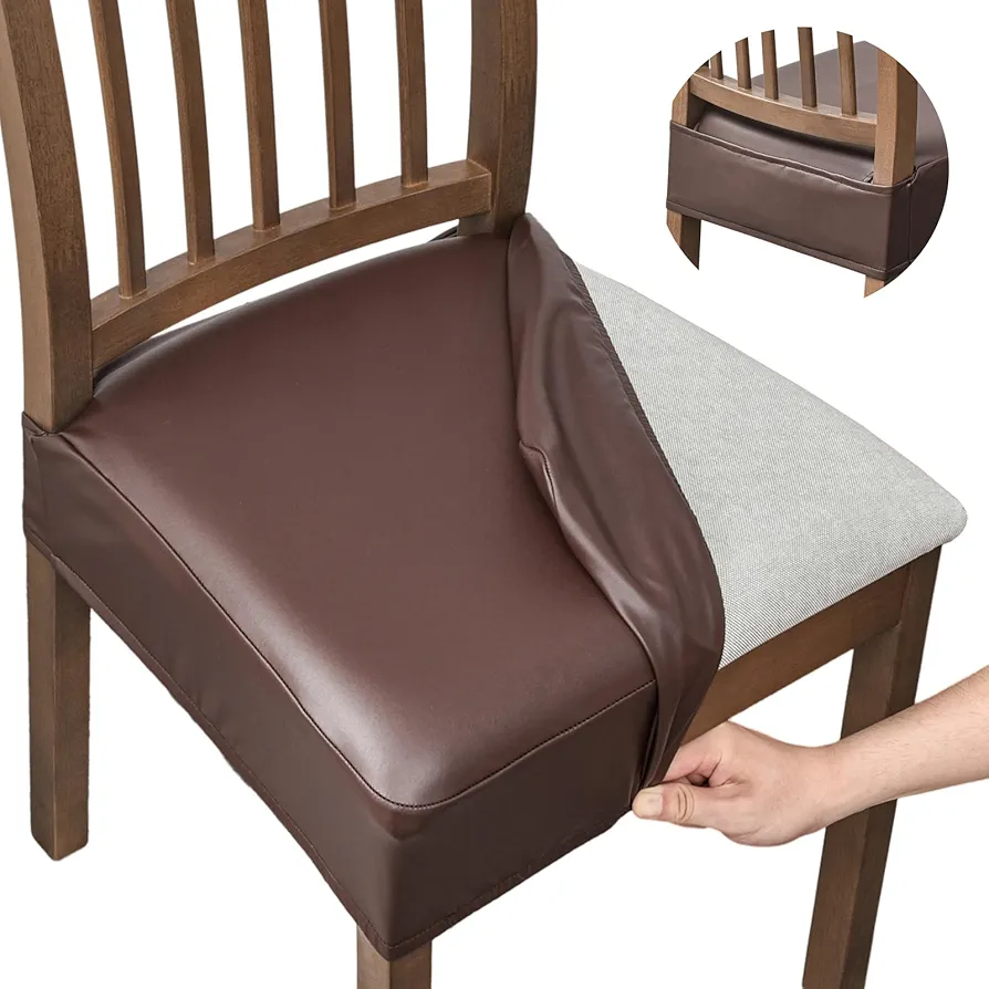 NILUOH Waterproof Seat Covers for Dining Room Chairs Set of 4, Pu Leather Chair Seat Slipcovers Dining Chair Cover Removable Washable Chair Protctor Cover, Rear Covers (PU-Coffee)