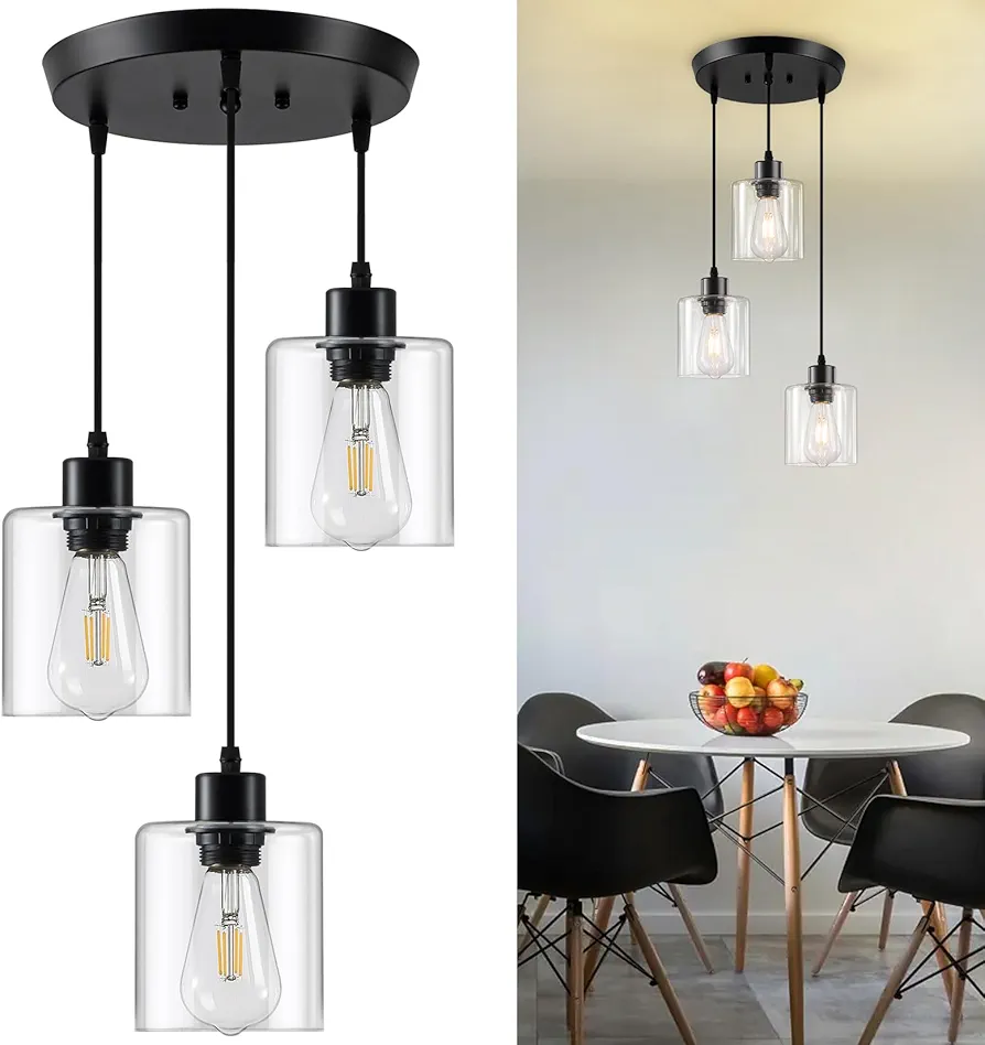 3 Light Pendant Light Fixtures, Adjustable Pendant Lighting for Dining Room Kitchen, Hanging Light Fixture with Clear Glass, E26 Base Farmhouse Light Fixtures, Bulbs Not Included