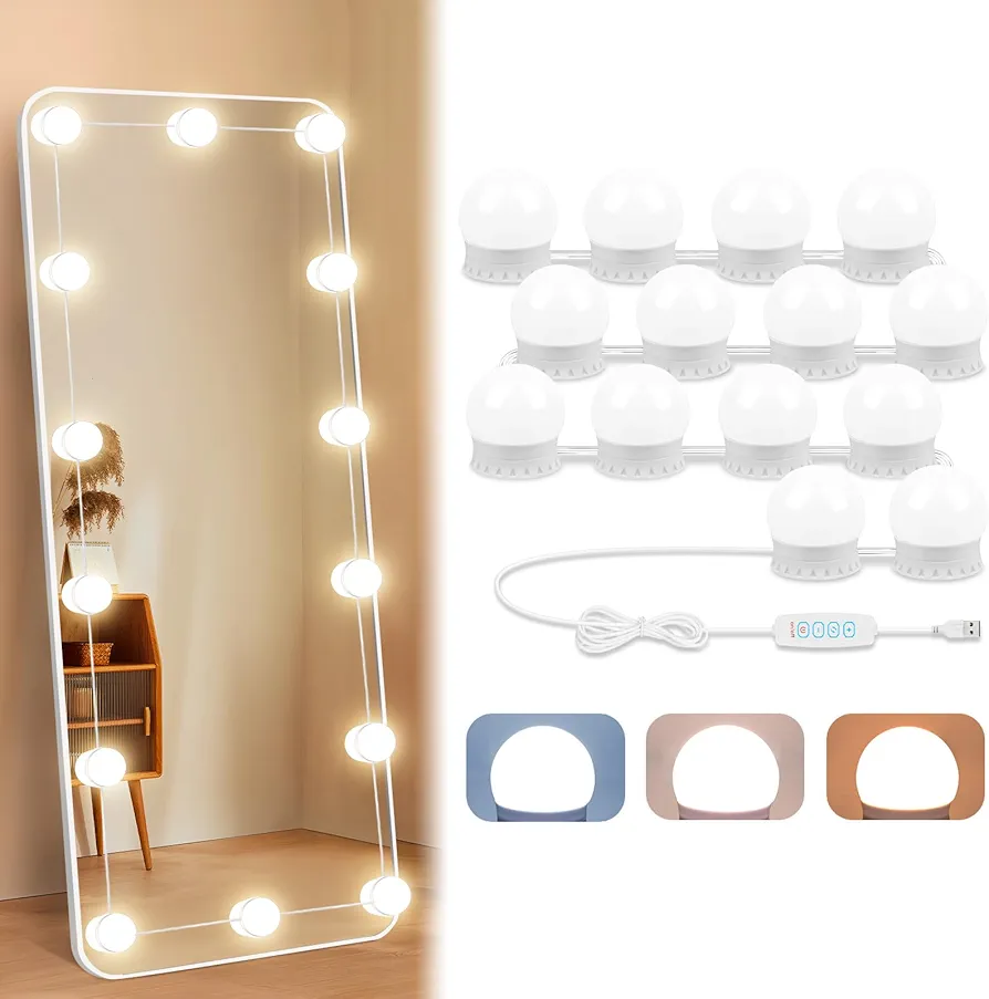 LED Vanity Lights for Mirror with 14 Dimmable Bulbs, Vanity Lights Stick on, 3000K 4000K 6500K & 10 Level Brightness Adjustable, USB Cable, Hollywood Mirror Lights for Makeup Dressing Room Bathroom