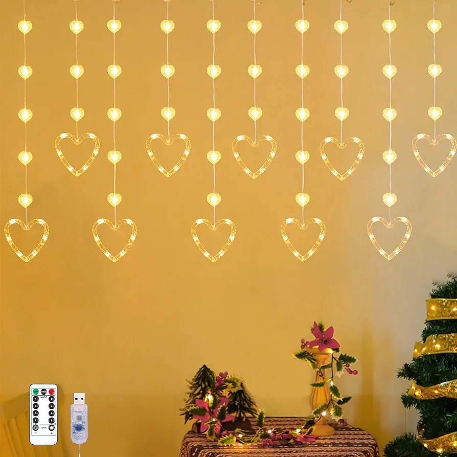 Heart Curtain Lights, 9.8ft Valentine's Day Window Lights, USB Plug LED Heart String Lights, Light up Heart Hanging Lights for Valentines Mother's Day Room Decoration (Warm White)