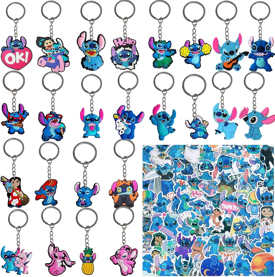 74PCS Keychains Stickers for Party Favors - 24Pcs Bulk Cartoon Keychain and 50Pcs Cartoon Stickers for Kids Birthday, Classroom Prizes, Christmas Party Favors Gift, Goodie Bag Stuffers Supplies