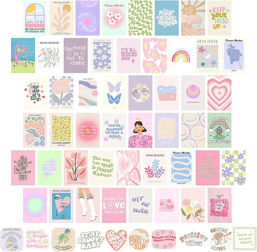 50pcs Danish Pastel Room Decor Aesthetic, Cute Pictures Wall Decor Aesthetic, Danish Pastel Wall Collage Kit, Cute Posters for Teen Girls Bedroom Wall Decor, Pastel Room Decor Trendy