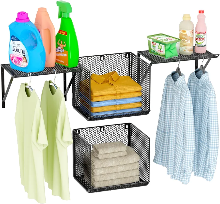 Laundry Room Shelves Wall Mounted with Floating Shelves with Wire Storage Basket, Over The Washer and Dryer Shelf with Clothes Drying Rack, Wire Shelves Baskets for Laundry Organization