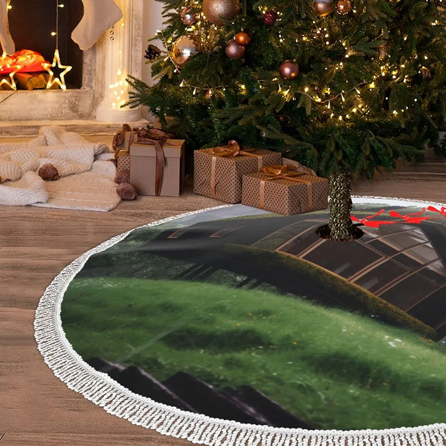 36" Christmas Tree Skirt with Tassel Wood House Xmas Tree Skirts Tassel Tree Mat Ornament for Home Indoor Outdoor Room Holiday Decoration