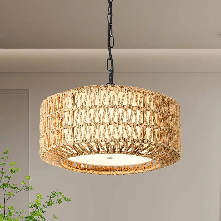 Boho Chandelier Light Fixture 12 Inch Adjustable Rustic Large Hand Woven Rattan Pendant Light 3 Lights Farmhouse Wicker Hanging Drum Light Fixture for Dining Room Kitchen