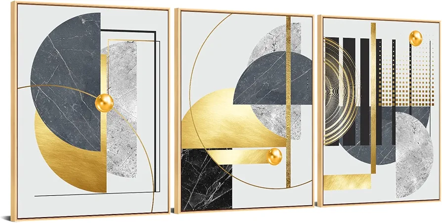 3Pcs Gold Canvas Wall Art Decor, Nordic Luxury Geometric Abstract Grey Black and Gold Framed Painting Poster Print for Living Room, Marble Wall Painting for Bedroom Dining Room 12x16 inch