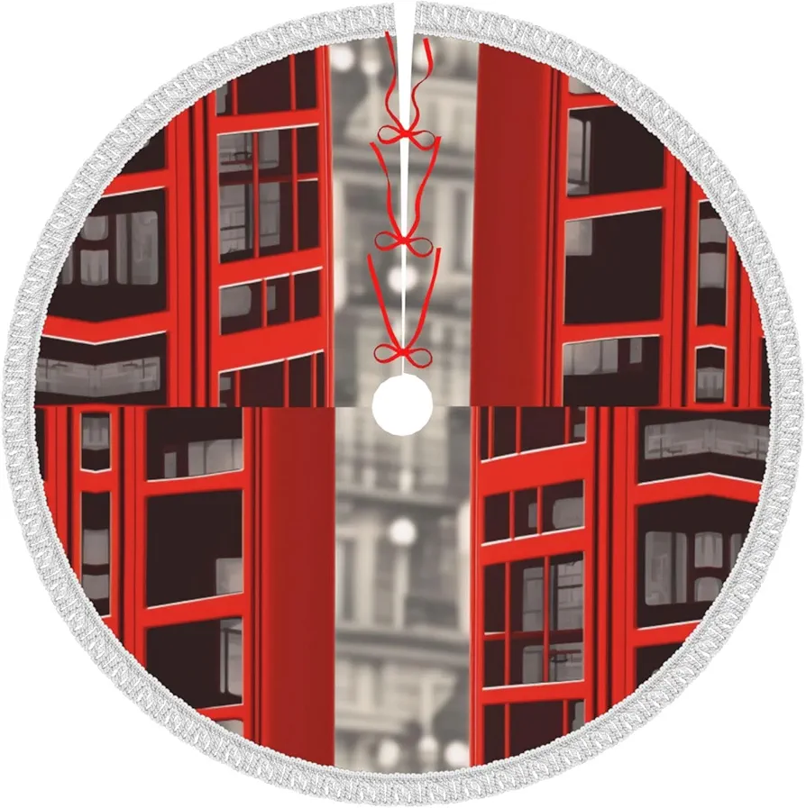 Red Telephone Booth Printed Pattern Christmas Tree Skirt, Living Room Decoration Tree Mat, Thickened Version