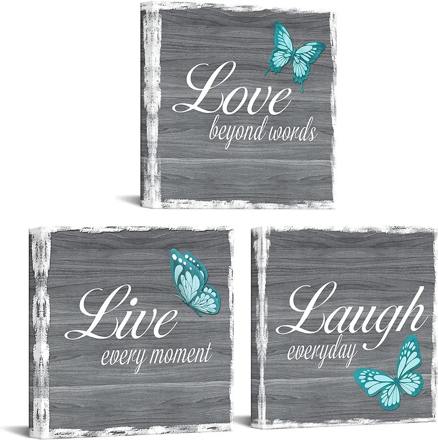 RnnJoile 3 Pieces Live Laugh Love Wall Art Decor Inspirational Quotes with Teal Butterfly in Gray Painting Poster for Home Living Room Bedroom Bathroom Kitchen Office Framed Ready to Hang 12x12 Inch