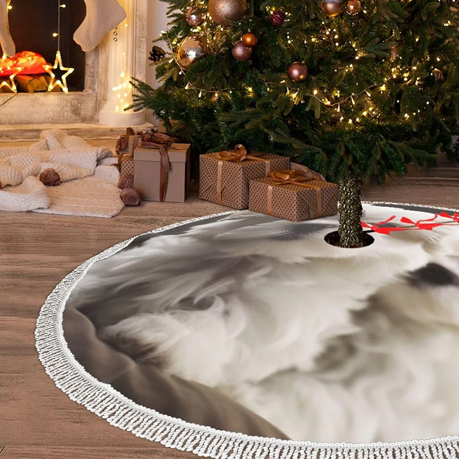 Christmas Tree Skirt with Tassel Cute Maltese Puppy 36" Xmas Tree Skirts Tassel Tree Mat Ornament for Home Indoor Outdoor Room Holiday Decoration