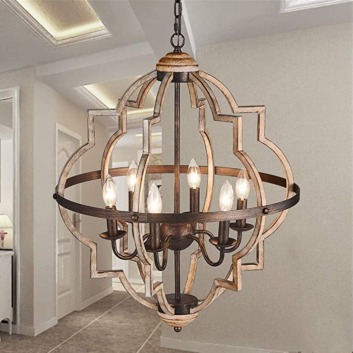 TZOE Orb 6-Light Chandelier，Rustic Vintage Metal Chandelier，Stardust Finish，Foyer Chandelier，Adjustable Height，Dining Light，Living Room Lighting，Kitchen Chandelier UL Listed