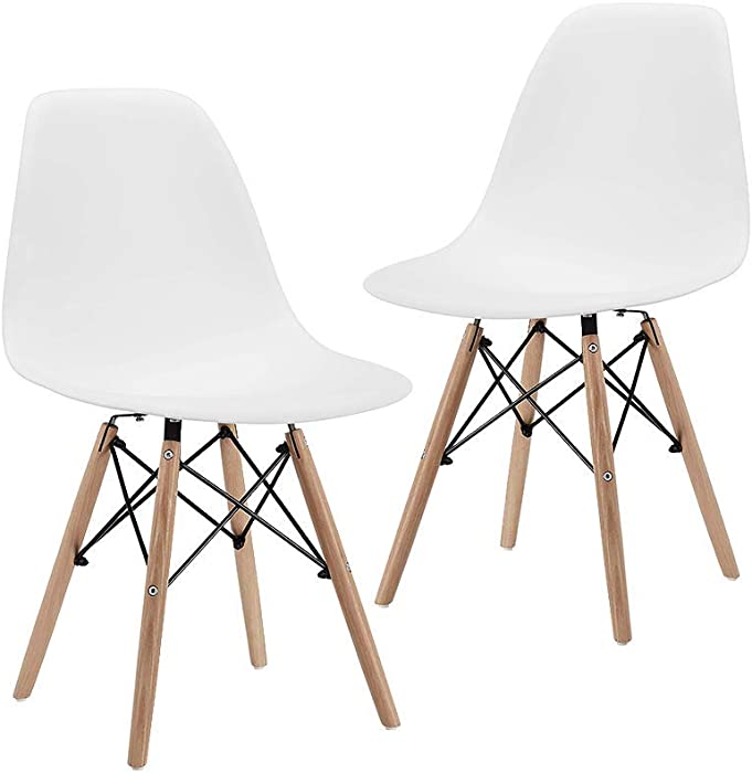 CangLong Modern Mid-Century Dining Chair Shell Lounge Plastic DSW Chair with Natural Wooden Legs for Kitchen, Dining, Bedroom, Living Room Side Chairs Set of 2, White