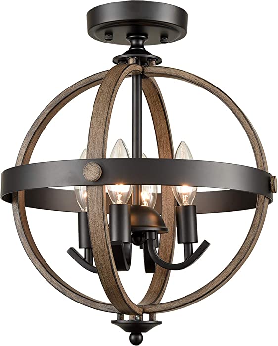 TEENYO Spherical Ceiling Light Farmhouse 4-Light Semi Flush Mount Chandelier Black and Wood Finish Semi Flush Mount Ceiling Light Fixtures for Hallway, Bedroom, Entryway