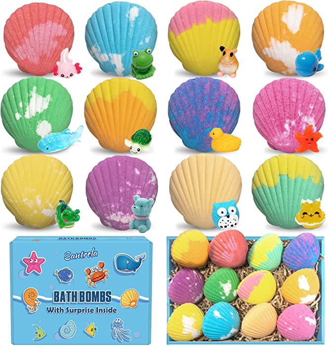 Bath Bombs for Kids with Surprise Toys Inside for Girls Boys - 12 Shell Kids Bath Bombs Gift Set, Handmade Bubble Bath Fizzes Bomb for Chrildren Birthday Christmas and Party Favor