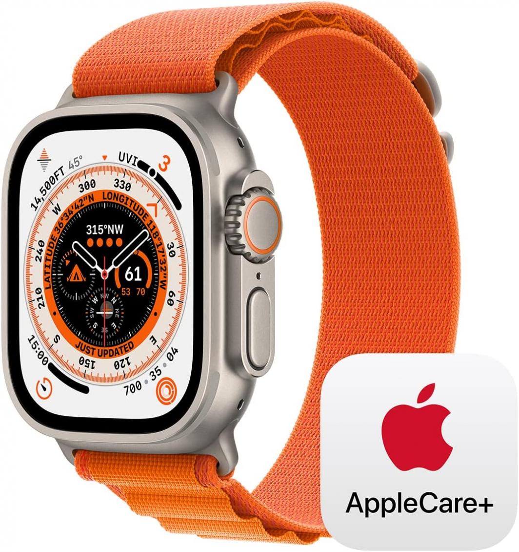 Apple Watch Ultra GPS + Cellular, 49mm Titanium Case with Orange Alpine Loop - Large with AppleCare+ (2 Years)