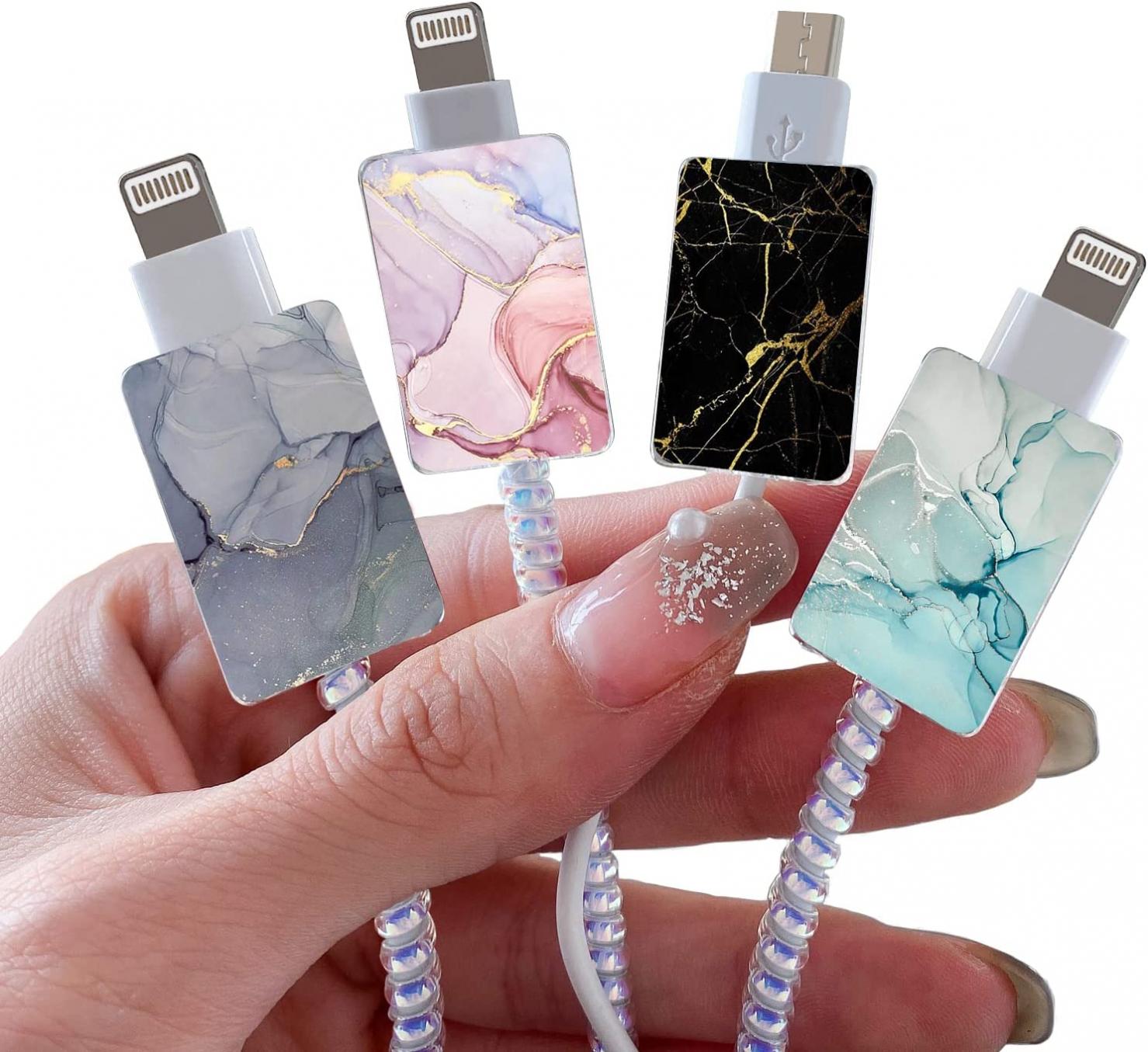 Cute Colorful Cable Protector for iPhone Type-c Charger,Kawaii Luxurious Marble Print Pattern 4 pcs Set Cable Protector for Women Girls,Charging Cord Protector,Cable Chomper,iPhone Charger Saver