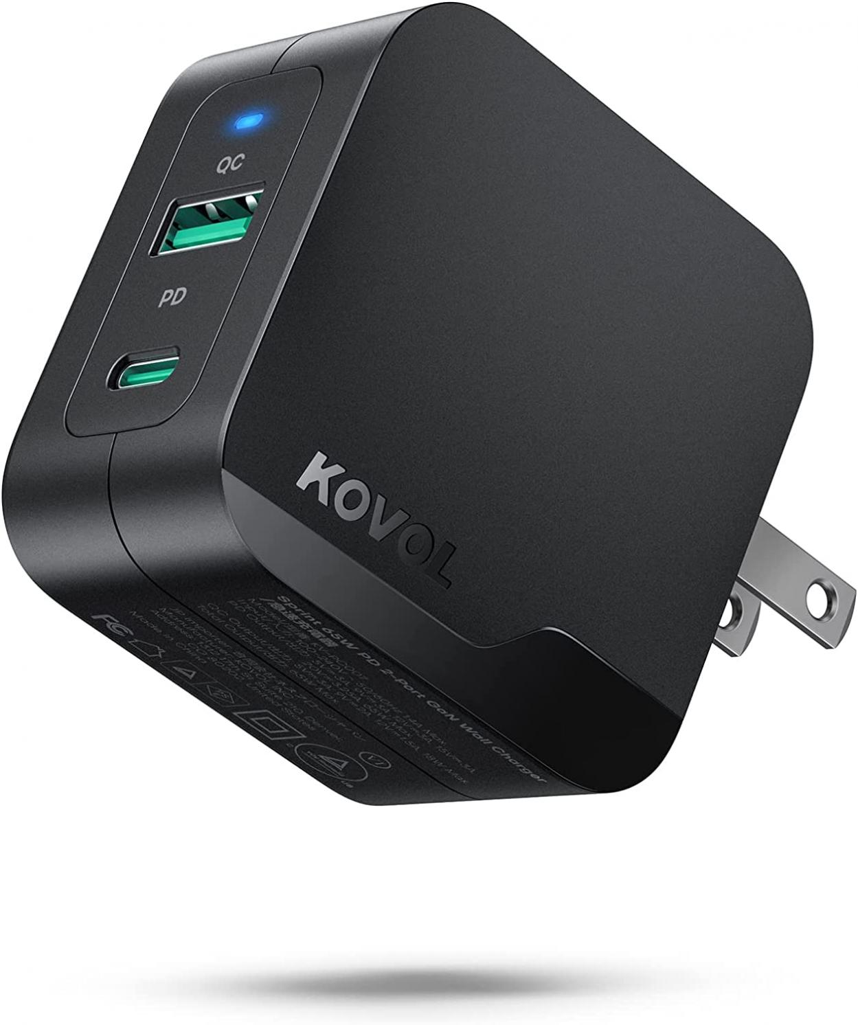 USB C PD Charger 65W, KOVOL Sprint USB Wall Charger, 2 Ports GaN III Fast Charger, USB C Travel Charger for MacBook Pro/Air, iPad Pro, iPhone 13/12/11, Dell XPS, Galaxy, Switch, and More